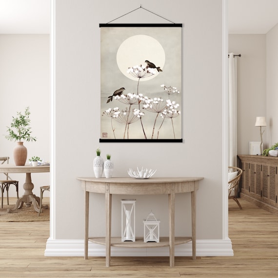 Japanese Herbs Birds Poster Print, Asian Oriental Landscape Watercolor Sumi E Scroll Art Minimal Zen Feng Shui Decor Eco Friendly Gift