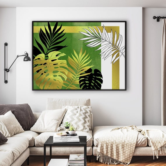 Nordic Tropical Leaves Poster Print, Plants Monstera Banana Palm Leaf Black Gold Green Background Living Room Beach Decor Eco Friendly Gift