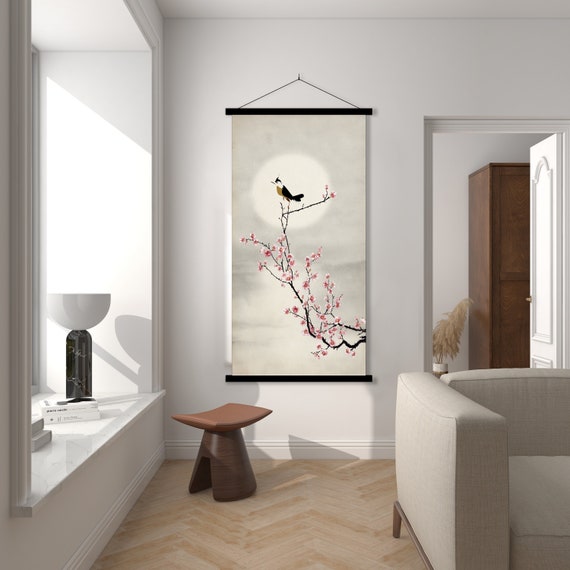 Japanese Sakura Cherry Blossom and Bird Print, Asian Japanese Landscape Oriental Floral Zen Feng shui Scroll Minimal decor Eco Friendly Gift