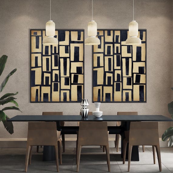 Set of Two Abstract Ethnic Print, Black Beige Tribal Inspiration Boho Decor Modern Livingroom Decor Eco Friendly Art Housewarming Gift