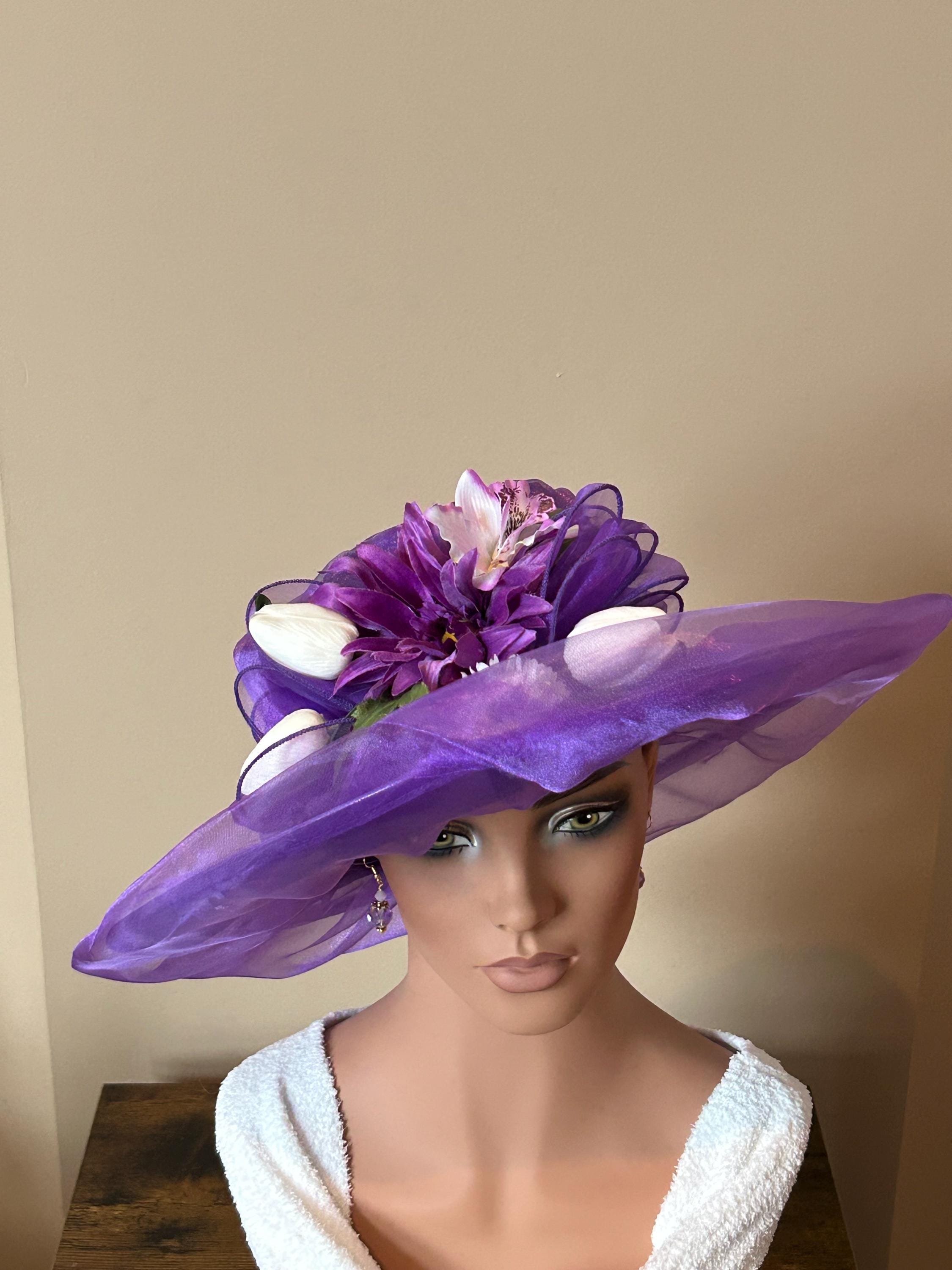 Custom Purple Organza Hat With Lavender Floral Accents 
