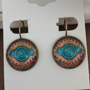 Handmade beautiful Southwest Western Aztec style summer fall autumn blue and peach concho cowboy cowgirl earrings jewelry