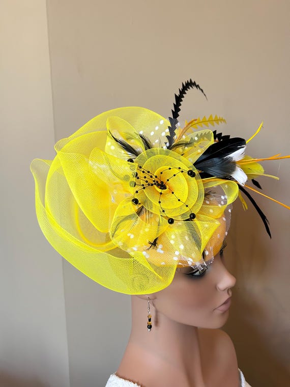 Yellow & Black Feather and Flower Fascinator Hat, Derby 