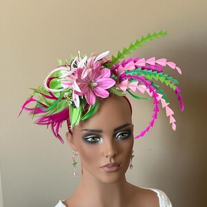 Pink & Green Floral Feather Fascinator Hat for Derby, Horse  display picture 1
