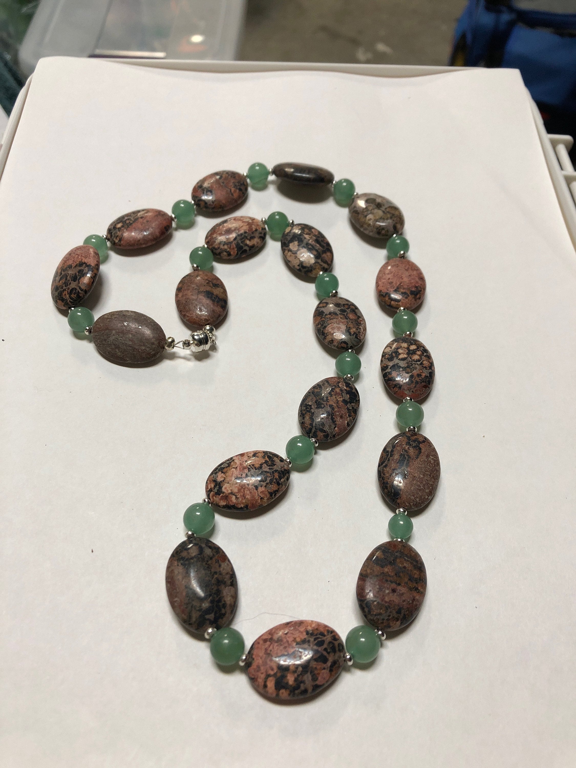 Handmade brown and green jasper and adventurine semiprecious stones with silver plated findings boho hippie Southwest style necklace