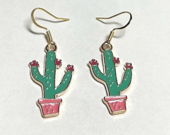 Handmade Southwest Cactus Earrings, Gold Tone Cowgirl Jewelry