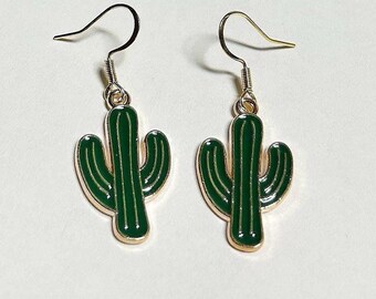 Handmade Green Cactus Earrings: Southwest Aztec Gold Tone Jewelry