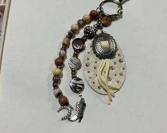 Boho Beaded Purse Charm with Leather Tassel - Southwestern Saddle Charm