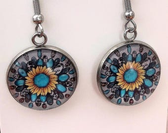 Handmade Southwest Sunflower Earrings: Turquoise & Yellow, Fall Style