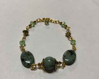 Handmade green and gold African turquoise trendy boho hippie Southwest bracelet