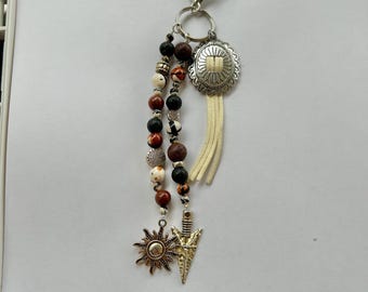 Boho Southwestern Beaded Purse Charm with Silver Arrow and Leather Tassel