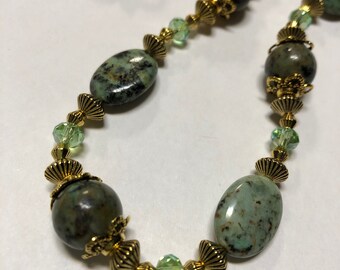 Handmade green and gold turquoise boho hippie Southwest style necklace