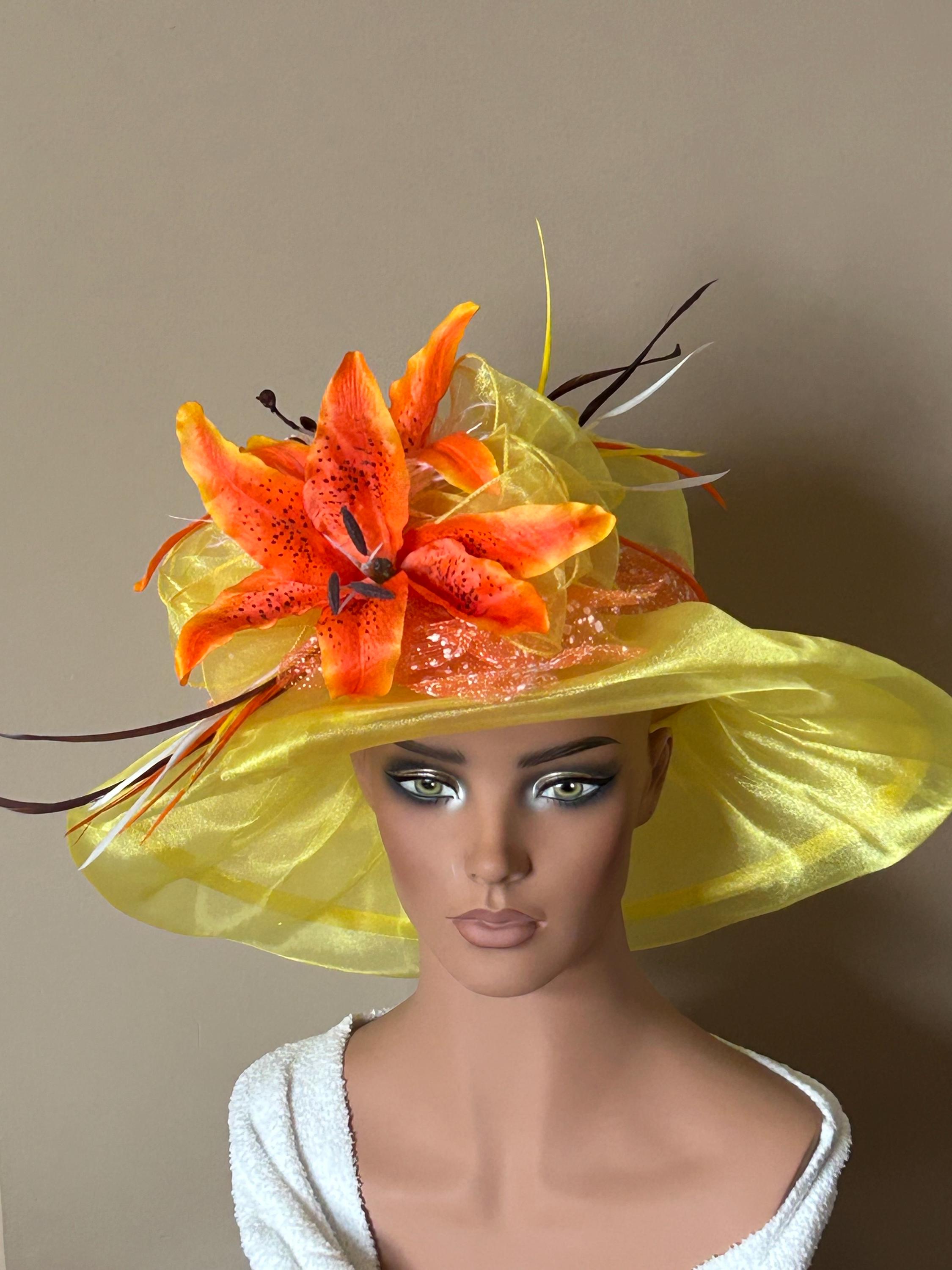 Elegant Women\'s Decorative Organza Hat in Yellow and Pastel Print Organza Church Hat Wedding Tea Party Derby Hats for Elegant  main image 4