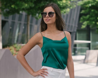 Green silk blouse Artificial silk camisole top Spaghetti strap top Sleeveless top