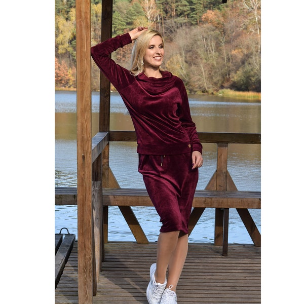 Samtrock und Langarm Sweatshirt Set Freizeitmode Damen zweiteiliges Outfit Passendes Set