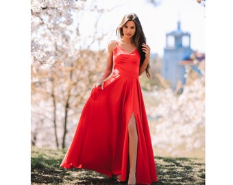 Long red dress with high slit Spaghetti straps V neckline Prom dress Special occasion Evening maxi dress for women