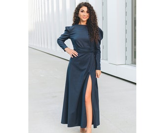 Long blue dress with high slit and open back Evening long sleeve dress Women's cotton maxi cocktail dress