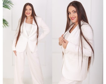 Classic wedding suit White pants and blazer set for bride Minimalist bridal pantsuit