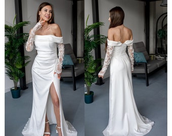 Elegant Off-the-Shoulder Wedding Dress with Lace Sleeves and High Slit