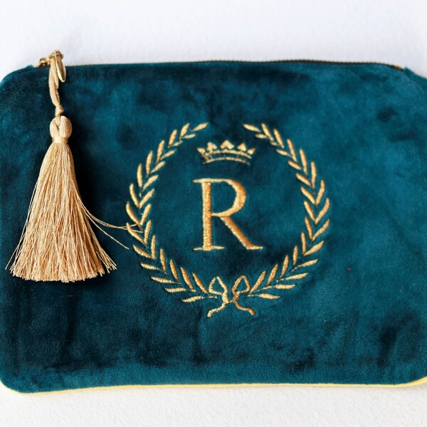 Personalized makeup bag Monogram R Velvet cosmetic pouch Velour make up bags for bridesmaid gift