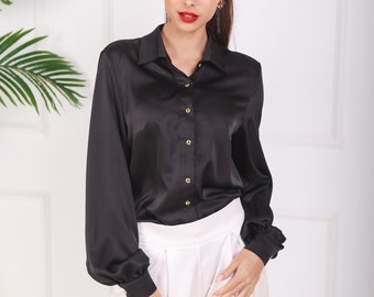 Button down blouse Satin shirt with puff sleeves Black artificial silk collar top for women