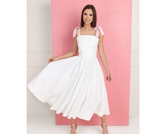 Fit and flare dress Women White pleated dress Sleeveless Ribbon strap Summer Midi A line dress