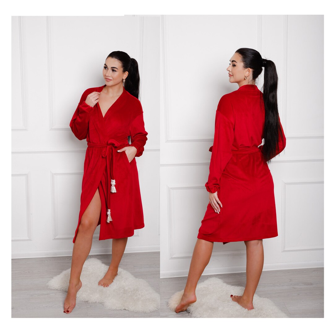 Red Velvet Robe Women Velour House Coat Shawl Collar Bathrobe Luxury