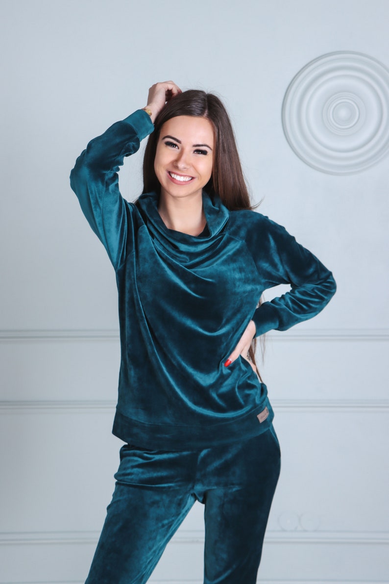 Teal Velvet Tracksuit Cowl Neck Sweatshirt and Velour Sweat - Etsy