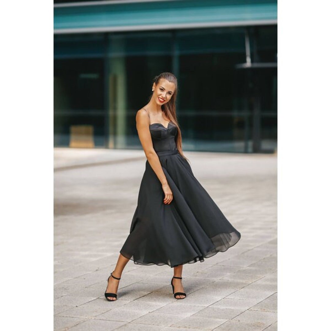 Corset Dress Black Flowy Pleated A Line Spaghetti Straps Midi - Etsy UK