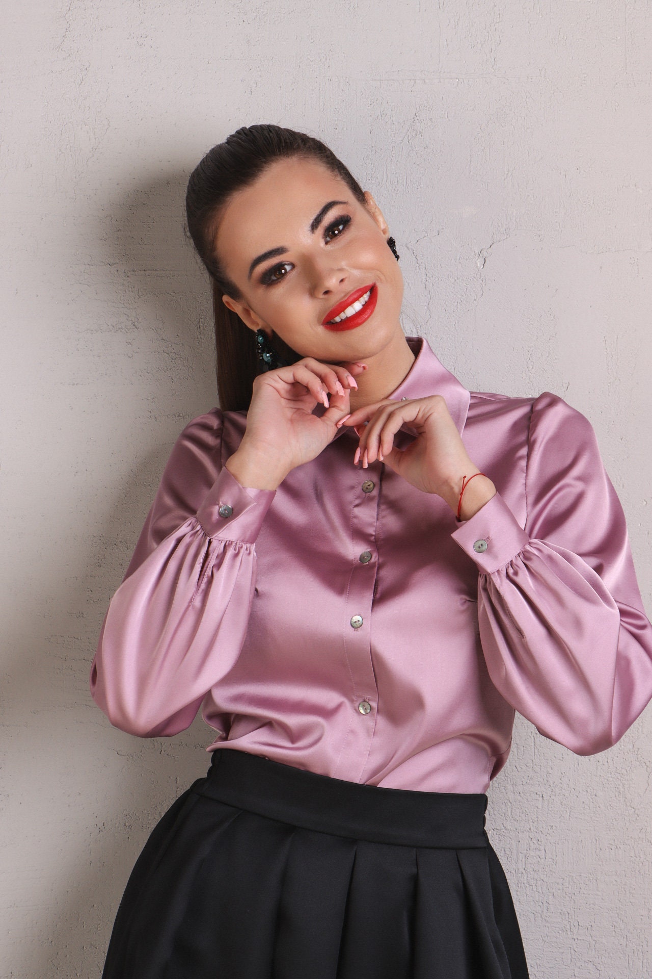 Button up Blouse for Women Artificial Silk Shirt Collar Rose - Etsy