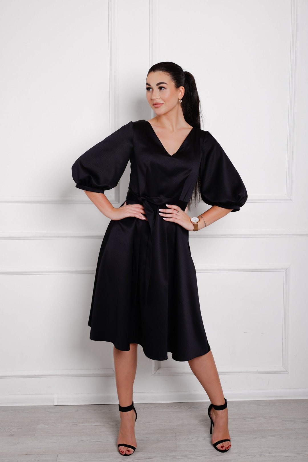 Puff Sleeve Dress V Neck Black Midi Dress for Women Evening Etsy