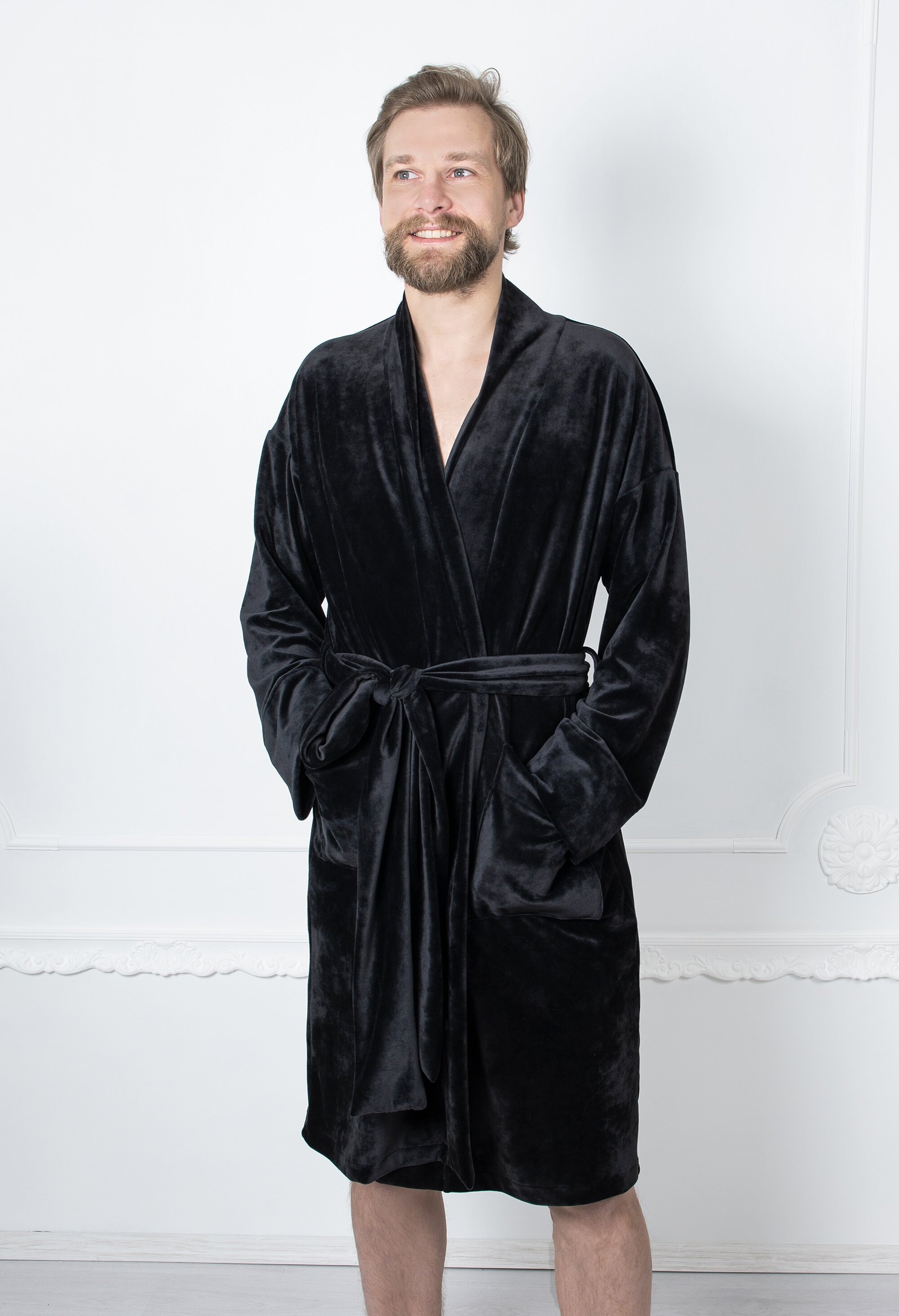 Velvet Bathrobe Black Robe for Men 