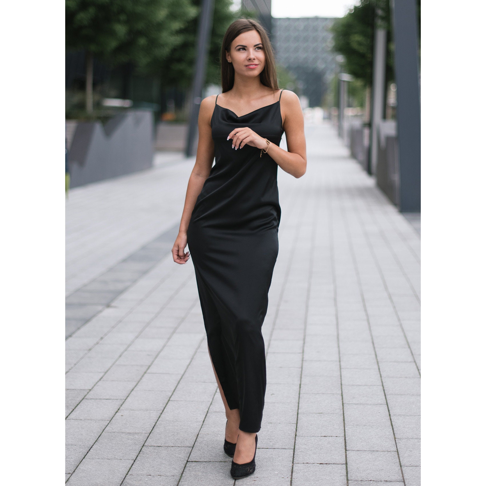 Black Silk Dress With Slit Cowl Neck Spaghetti Strap Dress Elegant Long  Evening Dress Prom Dress Black Cocktail Dress -  Canada