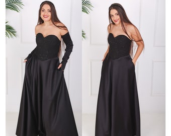 Long black corset dress with removable sleeves Sweetheart neckline Red carpet Party prom dress for women