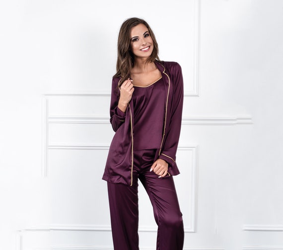 Silk Pajama Set Loungewear Artificial Silk PJ Set for Women Eggplant Sleep  Set Pajama Pants Pyjama Silk Lingerie Armani Silk Sleepwear -  Canada