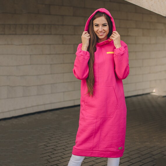 Long Hoodie Dress Bright Pink Women's 