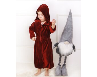 Velvet bathrobe for kids Velour hooded robe Maroon zip up bathrobe for girls and boys Zipper toddler robes