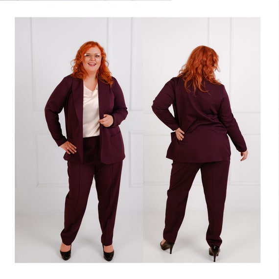 Plus Size Pants Suit for Women Maroon Creased Trousers and Jacket Oversize  Blazer Burgundy Two Piece Matching Set 
