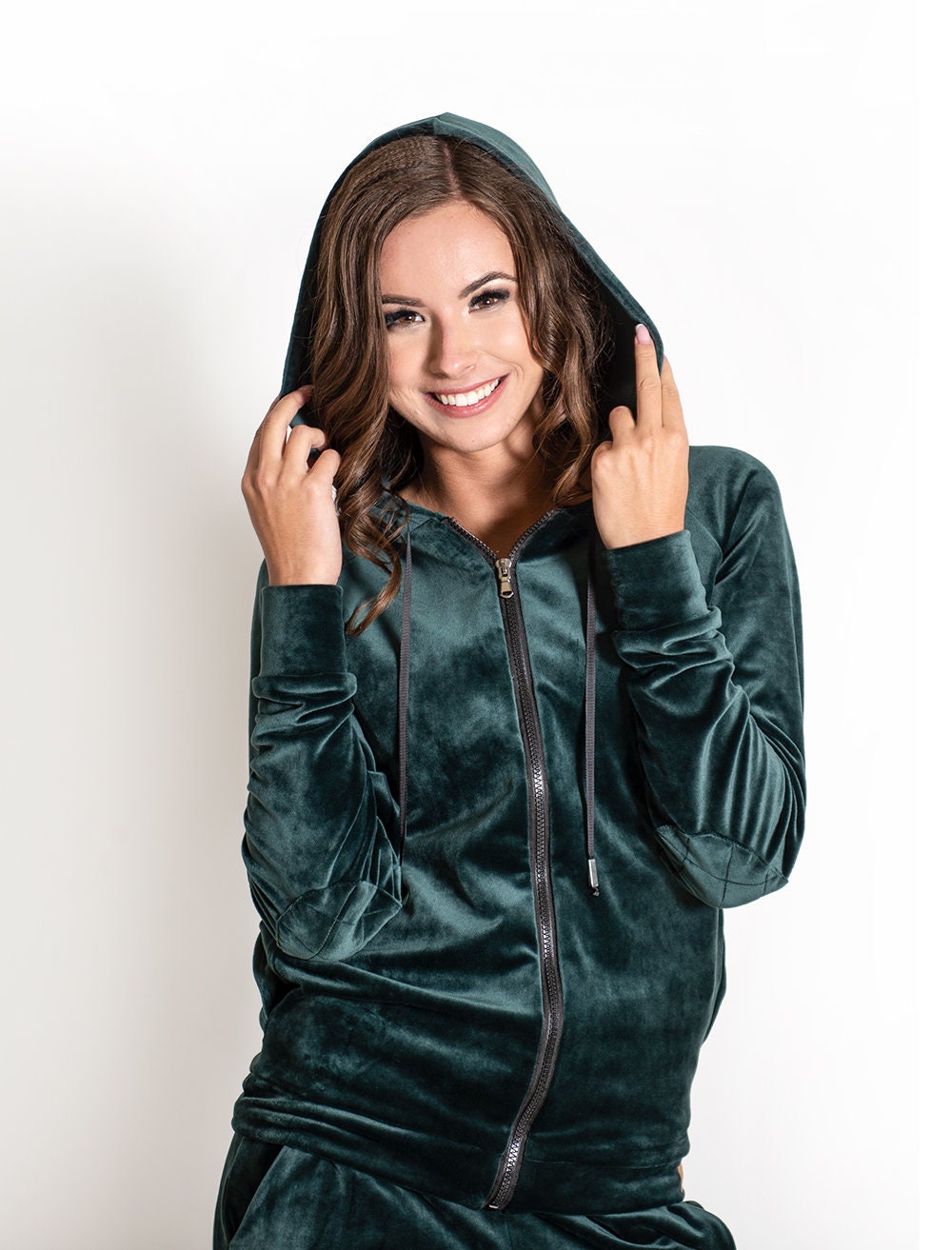 Zip up Hoodie Tracksuit Green Velvet Two Piece Set Plush Velvet Jogger