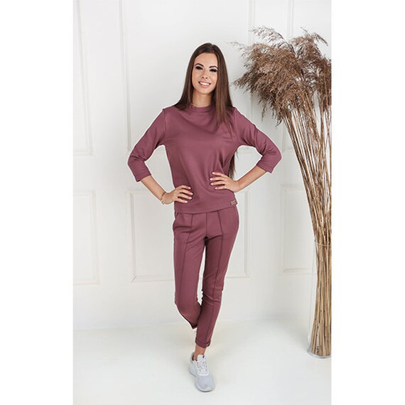 Pants Set Women Viscose Sweat Suit Dusty Rose Matching Two Piece Set  Tracksuit Joggers and Sweatshirt 