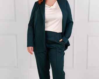 Plus Size Pants Suit Oversize Jacket and Creased Trousers Set Deep Green  Blazer Two Piece Matching Set for Women -  Ireland
