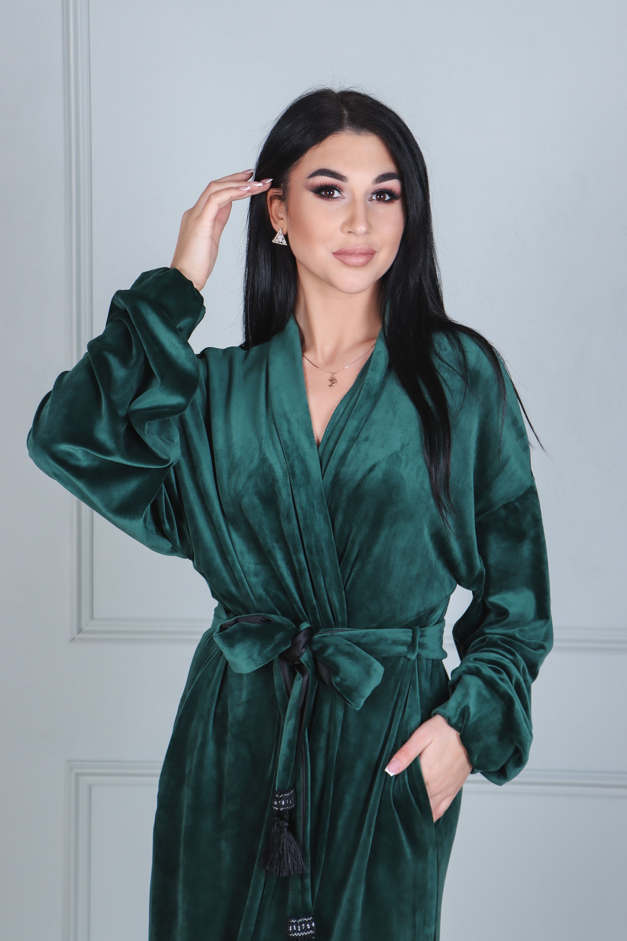 Long Velvet Robe Velour Dressing Gown Women's Emerald House Coat Shawl