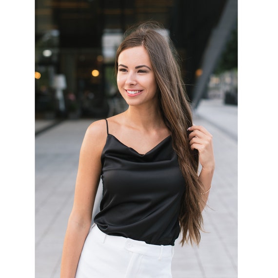 Black Silk Camisole With Cowl Neck Spaghetti Strap Top Satin Blouse  Sleeveless Cami Tank Top 