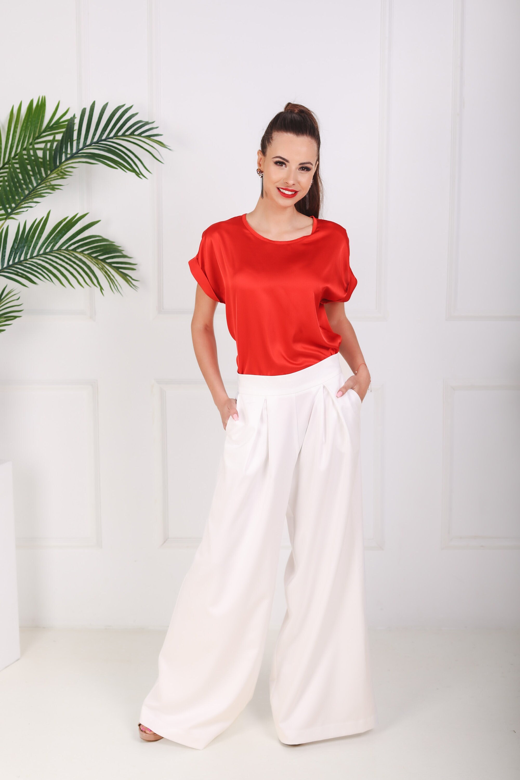 Red satin blouse short on sale sleeve