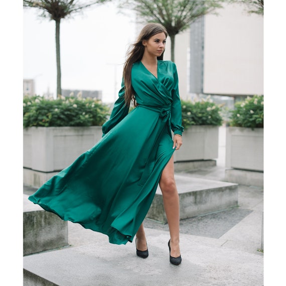 green silk dress long sleeve