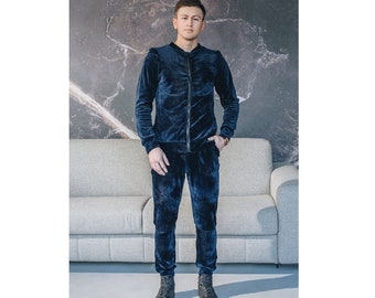 Men casual velvet outfit Royal blue two piece matching set Zip up hoodie and pants Mens casual wear tracksuit