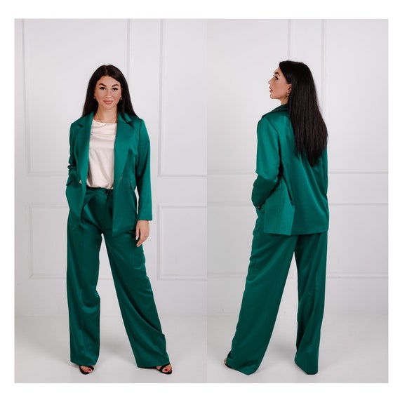 Green Pants Suit for Women Oversize Blazer and Wide Leg Pants Set