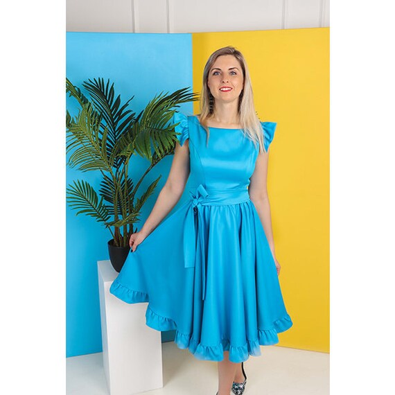 Blue Pleated Midi Dress Short Butterfly 