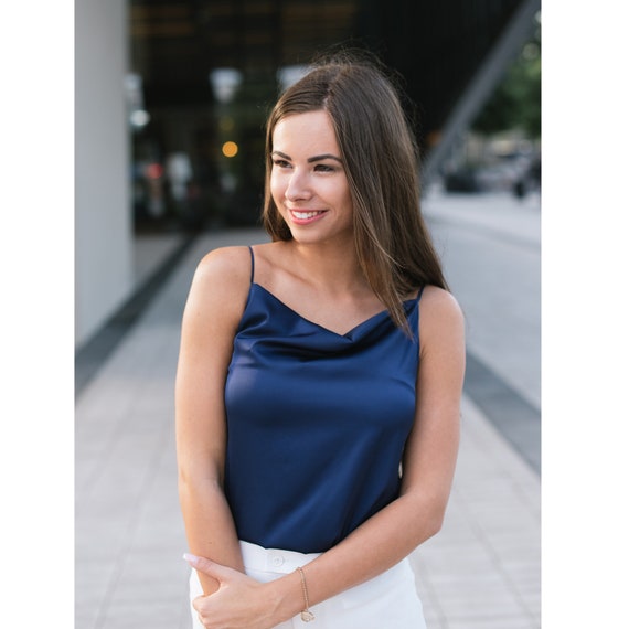 Blue Satin Blouse Spaghetti Tank Top Blue Silk Top Cowl Neck Camisole  Sleeveless Cami Top -  Canada