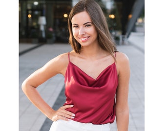 Red Silk Blouse Cowl Neck Satin Blouse Spaghetti Strap Top